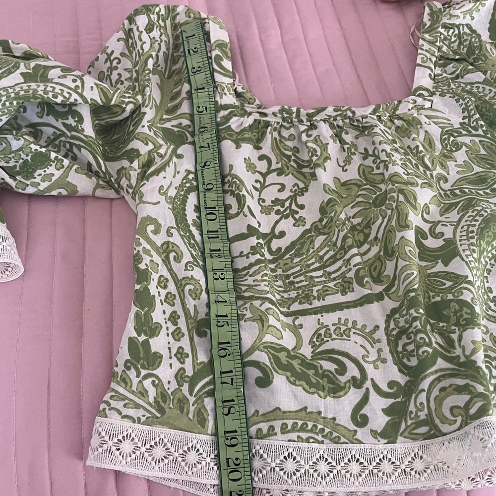 Nicole Miller square neck floral 3/4 sleeve summer boho top w crochet trim EUC M - Picture 9 of 11